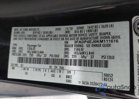 2019 Ford Fiesta Se z USA, uszkodzony, nr VIN 3FADP4EJ6KM111616